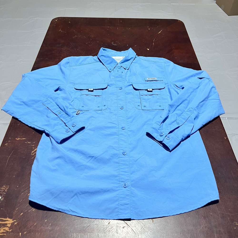 Columbia PFG Mens Blue Long Sleeve Button Down Fishing Shirt Size Medium